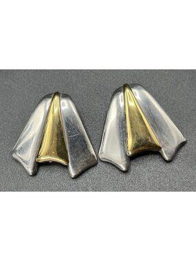 Vintage Laton Mexico 925 Sterling Silver Two Tone Puffy Wing Clip Earrings 14.6g